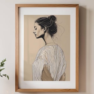 Striped Art, Woman in Striped Shirt Line Art Print, Minimalist Portrait, Bedroom & Office Wall Art