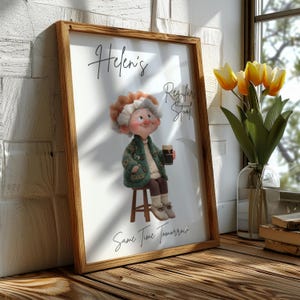 May include: A framed print featuring a cartoon character with curly hair wearing a green cardigan and brown pants, sitting on a stool while holding a dark beverage. The text reads Helen's Regular Stool and Same Time Tomorrow in black script.