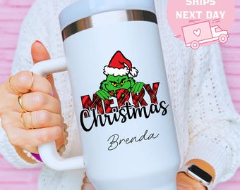 Grinch Merry Christmas Tumbler, Personalized Holiday Cup, Custom Name Winter Drinkware, Festive Gift Idea, Ships Next Day