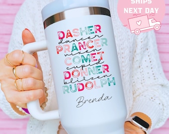 Reindeer Names Cup, Personalized Christmas Tumbler, Holiday Party Gift, Custom Xmas Cup, Secret Santa Present, Festive Winter Cup, Name Cup