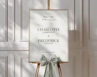 Cartello di benvenuto per matrimonio color verde salvia • Modello Canva • Design minimalista, moderno, lussuoso ed elegante per il giorno del matrimonio