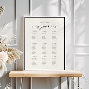 Puede incluir: Un plano de asientos enmarcado con el texto "FIND your SEAT" en escritura elegante. El gráfico enumera nombres bajo las mesas 1 a 9. El fondo es de color crema suave y el marco es negro. El gráfico se muestra en un estante de madera.