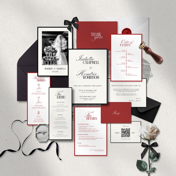 Classic Wedding Invitation Suite • Canva Template • Black & Red, Old Money, Elegant, Minimalist Design