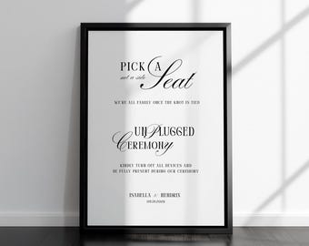 Classic Pick a Seat & Unplugged Ceremony Wedding Sign • Canva Template • Old Money, Elegant, Minimalist Signage