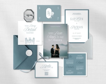Elegant Teal Wedding Invitation Suite • Canva Template • Turquoise, Hand Drawn, Modern, Minimalist Invite