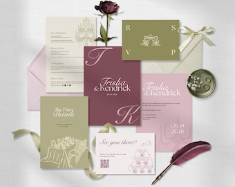 Olive & Plum Hochzeitseinladungspaket • Canva Vorlage • Grün und Lila, Modernes, Minimalistisches Design
