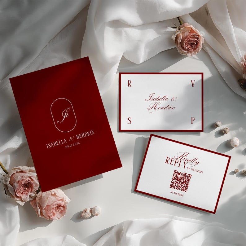 Classic Wedding Invitation Suite • Canva Template • Black & Red, Old Money, Elegant, Minimalist Design image 9