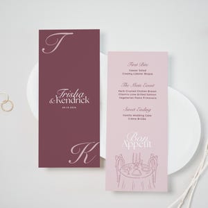 Olive & Plum Wedding Menu • Canva Template • Green and Purple, Modern, Minimalist Dinner Table Decor