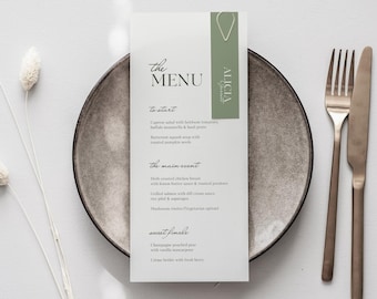 Menú y tarjetas de mesa para bodas en verde salvia • Plantilla de Canva • Decoración vintage, elegante, original, a cuadros vichy y coqueta
