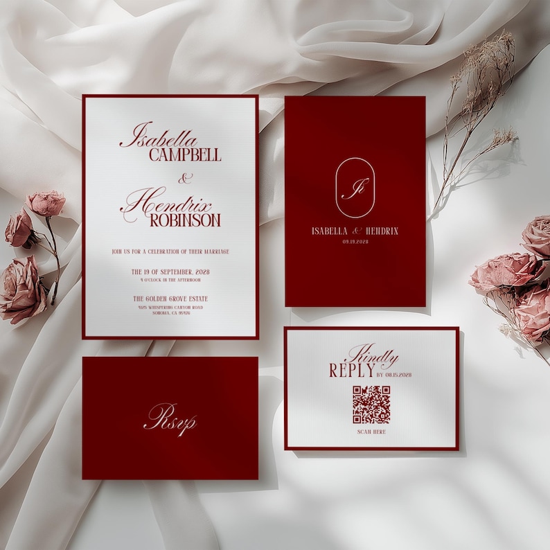 Classic Wedding Invitation Suite • Canva Template • Black & Red, Old Money, Elegant, Minimalist Design image 6