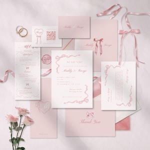 Zestaw zaproszeń ślubnych Pink Coquette • Szablon Canva • Fantazyjny, minimalistyczny design