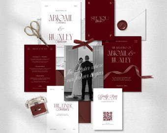 Suite di inviti per matrimonio bordeaux • Modello Canva • Set di inviti per matrimonio in pergamena, rosso e bianco, eleganti e minimalisti