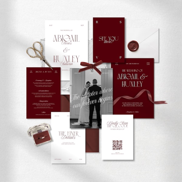 Suite de faire-part de mariage bordeaux • Modèle sur toile • Rouge et blanc, élégant, minimaliste, ensemble vélin
