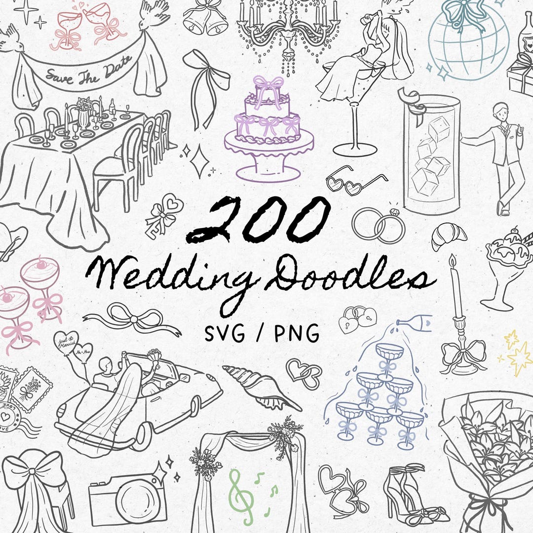 Hand Drawn Wedding Doodle Clipart • SVG & PNG Bundle: 200 Whimsical ...