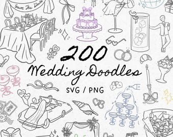 Clipart de boda dibujado a mano • Paquete SVG y PNG: 200 ilustraciones extravagantes, íconos de boda