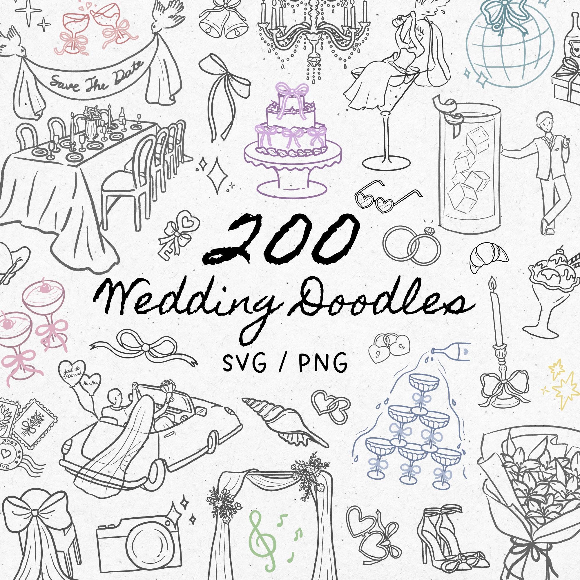 Hand Drawn Wedding Doodle Clipart • SVG & PNG Bundle: 200 Whimsical ...