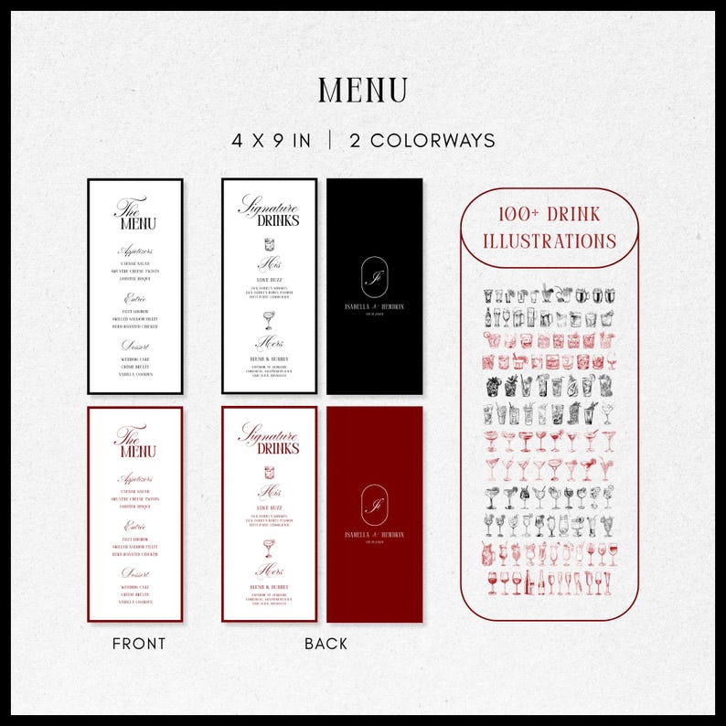 May include: A menu design with the word "MENU" at the top, featuring front and back layouts in black and white, and red and white. The menu is 4 x 9 inches and includes over 100 drink illustrations.