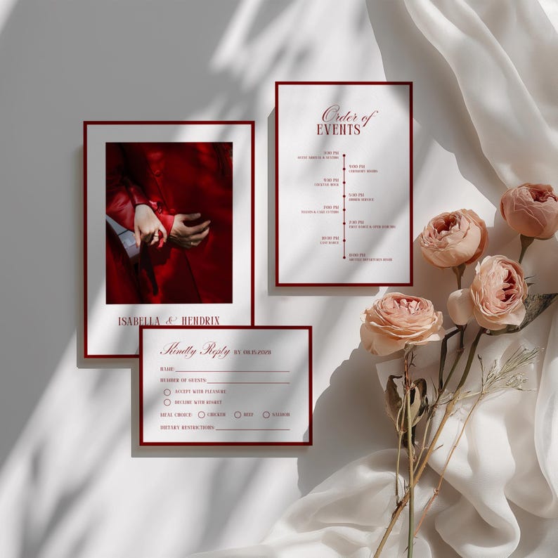 Classic Wedding Invitation Suite • Canva Template • Black & Red, Old Money, Elegant, Minimalist Design image 8