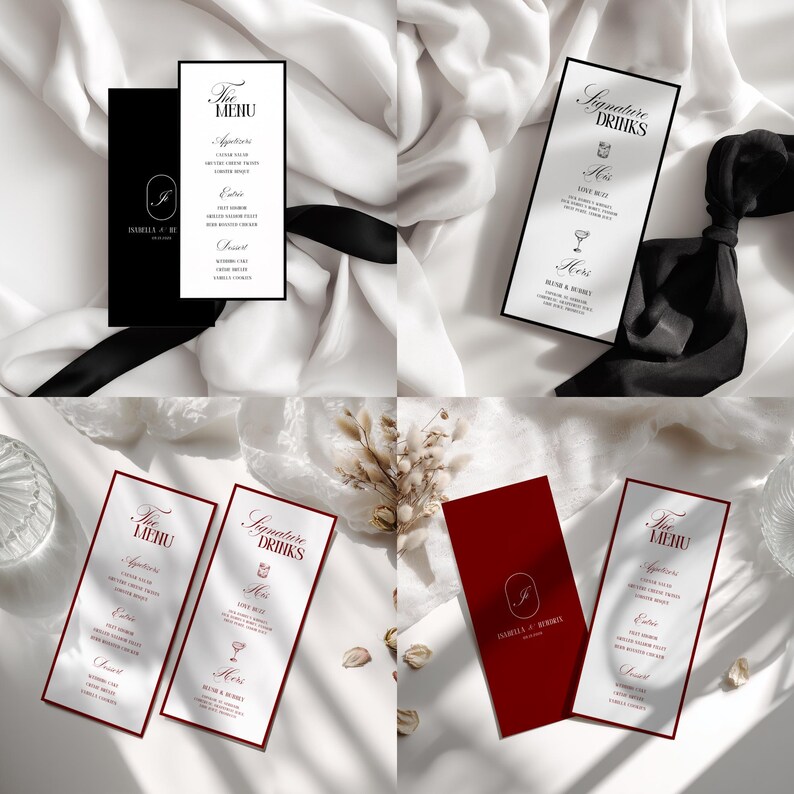 May include: Elegant menu and signature drink cards in black and white, and red and white. The cards feature the text "The Menu" and "Signature Drinks" with a minimalist design. The cards are arranged on a white fabric background.