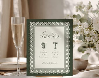 Salbei-grünes Hochzeit Signature Drink Schild • Canva Vorlage • Vintage, Elegant, Spitze Cocktailbar Beschilderung
