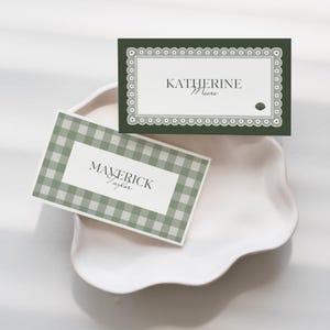 Sage Green Wedding Place Cards with Meal Choice Icons • Canva Template • Vintage Lace, Gingham
