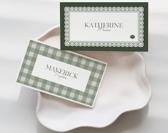 Zielone wizytówki weselne z ikonami wyboru posiłków • Szablon Canva • Koronka vintage, kratka gingham