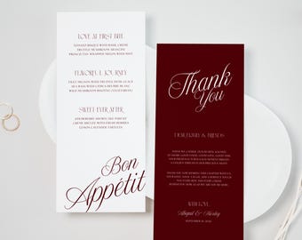 Menú de boda en tonos burdeos • Plantilla de Canva • Decoración de mesa elegante y minimalista en rojo y blanco
