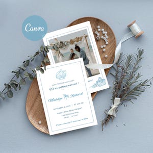 Bundle of 4 "Coastal Vows" Wedding Editable Canva Templates: Invitation, RSVP, Menu, and Detail Card