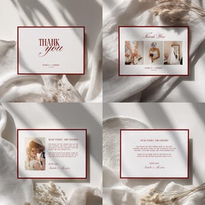 May include: Four wedding thank you cards with a white background and a burgundy border. The cards feature the text "Thank You" and "Dear Family and Friends", along with wedding photos and text. The cards are arranged on a white cloth.