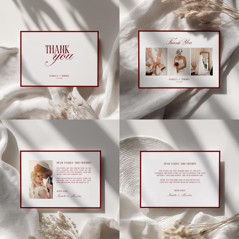 May include: Four wedding thank you cards with a white background and a burgundy border. The cards feature the text "Thank You" and "Dear Family and Friends", along with wedding photos and text. The cards are arranged on a white cloth.