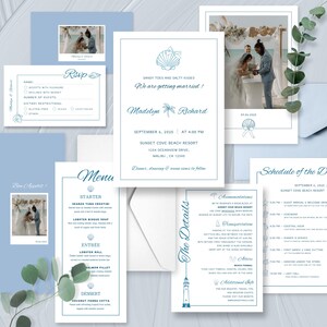 Bundle of 4 "Coastal Vows" Wedding Editable Canva Templates: Invitation, RSVP, Menu, and Detail Card