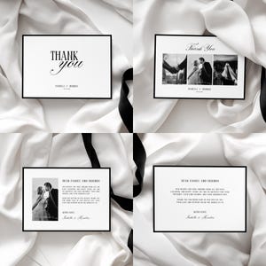 May include: Four black and white wedding thank you cards with elegant script and photo inserts. The cards are displayed on a white satin background with a black ribbon. The text on the cards reads "Thank You" and "Dear Family and Friends".