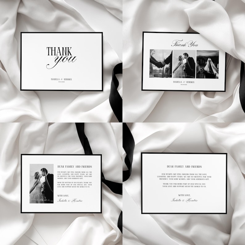May include: Four black and white wedding thank you cards with elegant script and photo inserts. The cards are displayed on a white satin background with a black ribbon. The text on the cards reads "Thank You" and "Dear Family and Friends".