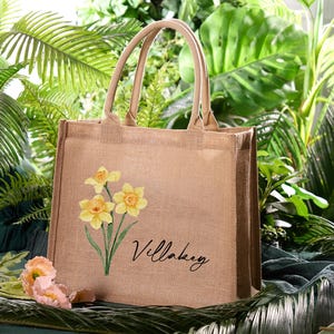 Gepersonaliseerde jutetas bruidsmeisje, aangepaste draagtas geboortebloem, aangepaste draagtas bruidsmeisje, geschenkzakje bruidsmeisje, gunst vrijgezellenfeest, jute tas, jute draagtas