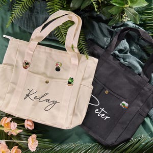 Canvas Tote Bag,Tote Bag With Zipper,Multi-Pocket Grocery Tote,Personalized School Bag,Daily Shoulder Bag with Pin,Shopping Bag,Gift For Her