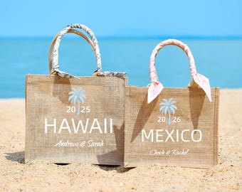 Personalized Palm Tree Wedding Welcome Burlap Tote Bag, Tropical Wedding Favor, Island Wedding