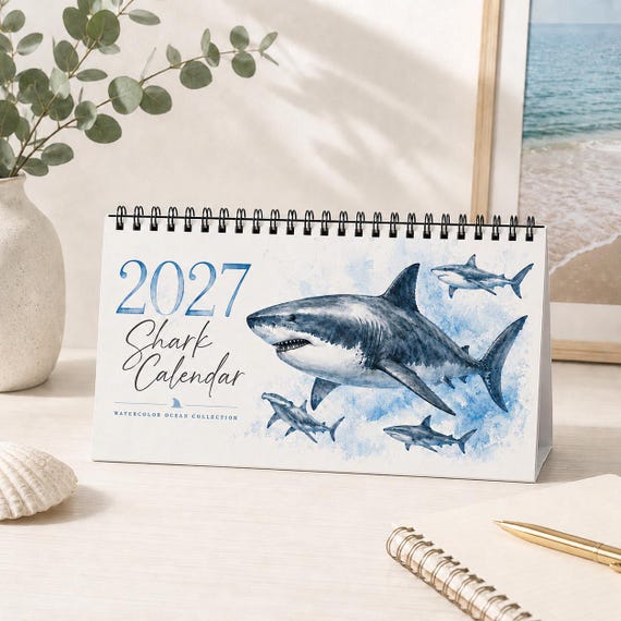 2027 Shark Desktop Calendar, Watercolor Ocean Desk Calendar, Marine Life Calendar, Shark Lover Gift, Coastal Office Decor