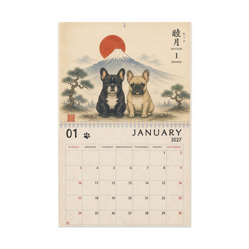 2027 French Bulldog Wall Calendar, Frenchie Calendar, Japanese Art Dog Calendar, Vintage Ukiyo-e Inspired Decor, Dog Lover Gift image 17