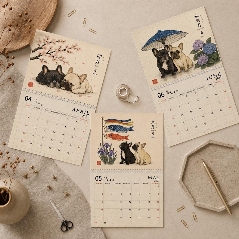 2027 French Bulldog Wall Calendar, Frenchie Calendar, Japanese Art Dog Calendar, Vintage Ukiyo-e Inspired Decor, Dog Lover Gift image 11