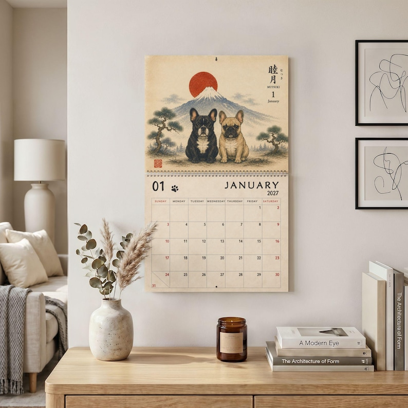 2027 French Bulldog Wall Calendar, Frenchie Calendar, Japanese Art Dog Calendar, Vintage Ukiyo-e Inspired Decor, Dog Lover Gift image 4