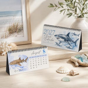 2027 Shark Desktop Calendar, Watercolor Ocean Desk Calendar, Marine Life Calendar, Shark Lover Gift, Coastal Office Decor image 3