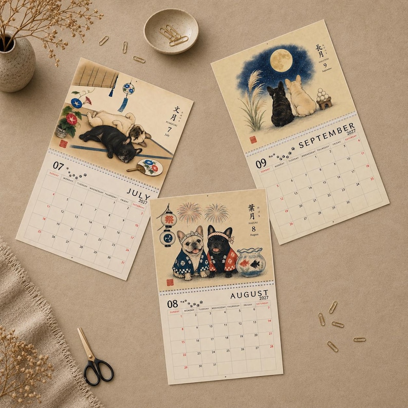 2027 French Bulldog Wall Calendar, Frenchie Calendar, Japanese Art Dog Calendar, Vintage Ukiyo-e Inspired Decor, Dog Lover Gift image 12