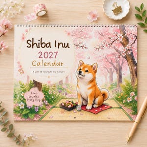 2027 Shiba Inu Calendar, July 2026 Start Calendar, Kawaii Japanese Dog Wall Calendar, Cute Shiba Inu Art Planner, Dog Mom Gift