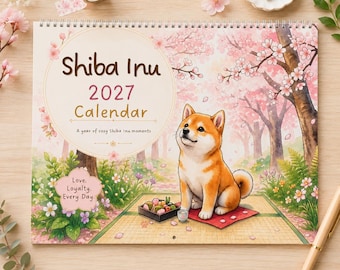2027 Shiba Inu Calendar, July 2026 Start Calendar, Kawaii Japanese Dog Wall Calendar, Cute Shiba Inu Art Planner, Dog Mom Gift