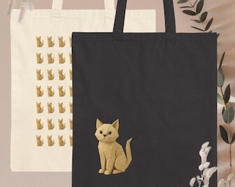 Könnte beinhalten: Zwei Tragetaschen. Eine ist cremefarben mit einem sich wiederholenden Muster aus kleinen braunen Katzenillustrationen. Die andere ist schwarz mit einem einzelnen braunen Origami-Katzen-Design. Der Text "Paper Cat Tote" steht unten.