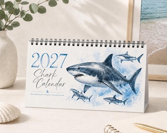 2027 Shark Desktop Calendar, Watercolor Ocean Desk Calendar, Marine Life Calendar, Shark Lover Gift, Coastal Office Decor