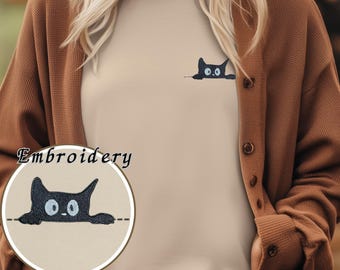 Besticktes T-Shirt mit schwarzer Katze, Katzen-T-Shirt mit Tasche, Shirt für Katzenliebhaber, süßes Guck-Guck-Kätzchen-T-Shirt, Geschenk für Tierliebhaber, minimalistisches besticktes Katzen-T-Shirt