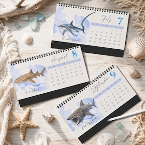 2027 Shark Desktop Calendar, Watercolor Ocean Desk Calendar, Marine Life Calendar, Shark Lover Gift, Coastal Office Decor image 7