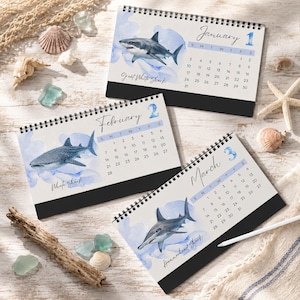 2027 Shark Desktop Calendar, Watercolor Ocean Desk Calendar, Marine Life Calendar, Shark Lover Gift, Coastal Office Decor image 5