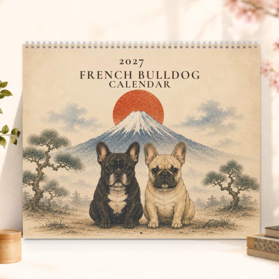 2027 French Bulldog Wall Calendar, Frenchie Calendar, Japanese Art Dog Calendar, Vintage Ukiyo-e Inspired Decor, Dog Lover Gift
